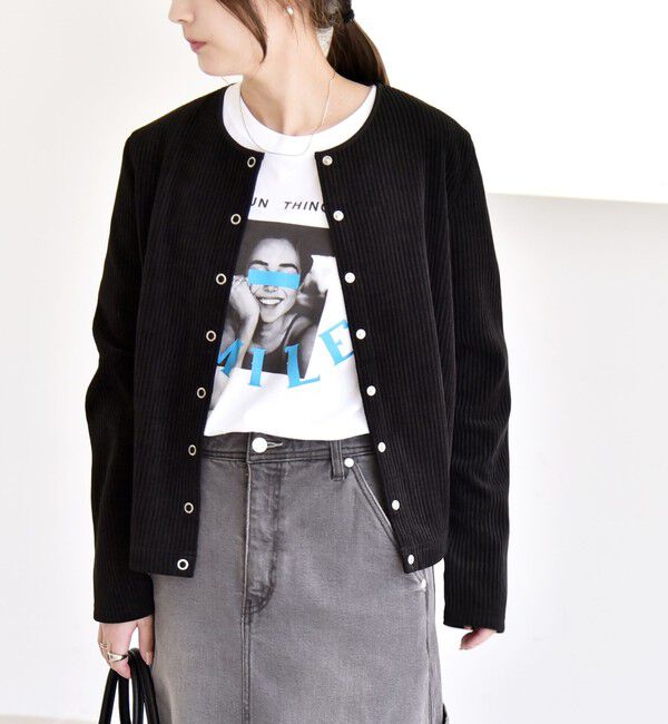 quaranciel「quaranciel:〈洗濯機可能〉ポリエステル ベロア リブ コンパクト スナップ カーディガン」|カーディガン|