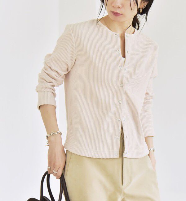 quaranciel「quaranciel:〈洗濯機可能〉ポリエステル ベロア リブ コンパクト スナップ カーディガン」|カーディガン|