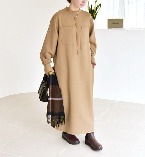 quaranciel「quaranciel:〈洗濯機可能〉ダブルクロス スタンドカラー ポケット シャツ ワンピース」|ワンピース|キャメル