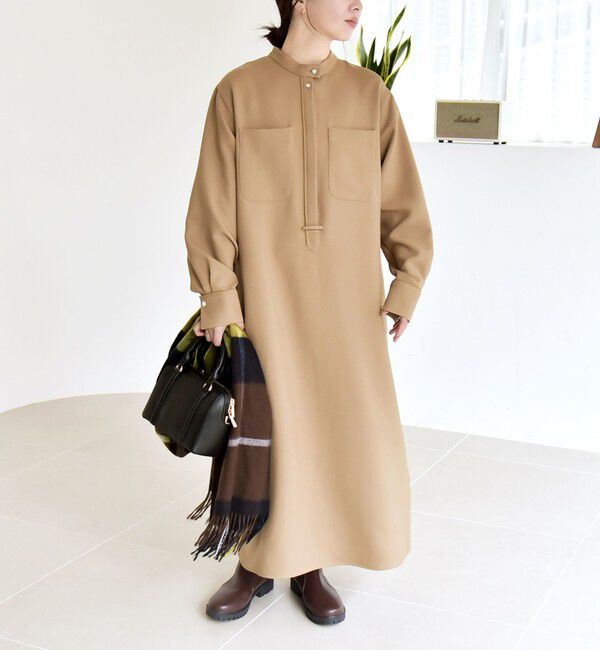 quaranciel「quaranciel:〈洗濯機可能〉ダブルクロス スタンドカラー ポケット シャツ ワンピース」|ワンピース|