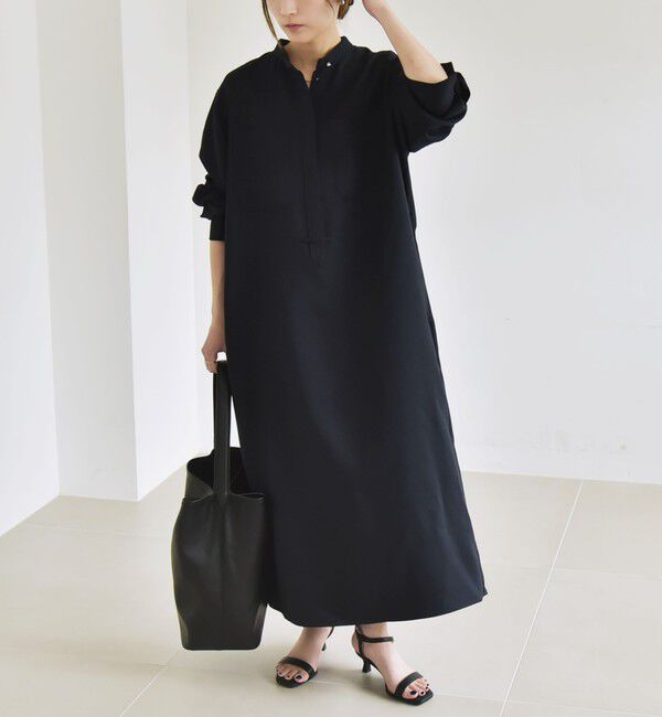 quaranciel「quaranciel:〈洗濯機可能〉ダブルクロス スタンドカラー ポケット シャツ ワンピース」|ワンピース|ネイビー