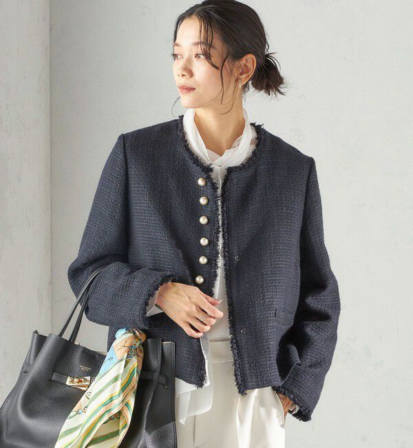 SHIPS for women「《一部追加予約》トライスピン 杢 ツイード パール モチーフ ボタン ジャケット（セレモニー対応可）」|ノーカラージャケット|