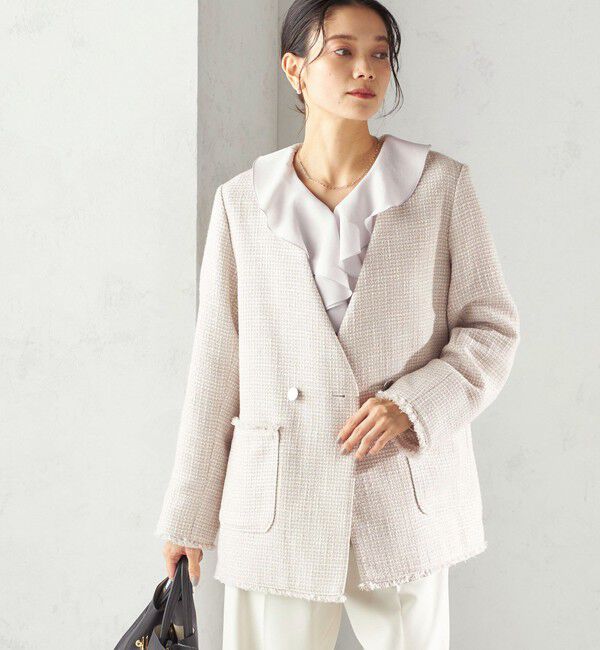 SHIPS for women「《一部追加予約》トライスピン 杢 ツイード カラーレス ジャケット（セレモニー対応可）」|ノーカラージャケット|ライトグレー