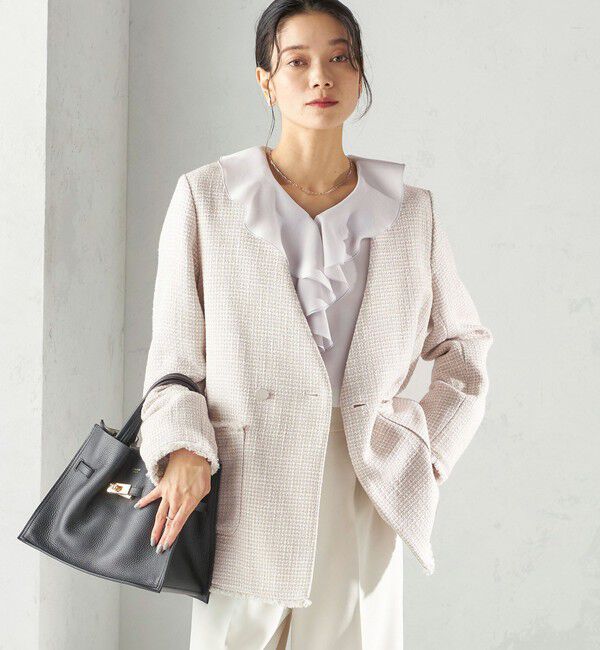 SHIPS for women「《一部追加予約》トライスピン 杢 ツイード カラーレス ジャケット（セレモニー対応可）」|ノーカラージャケット|