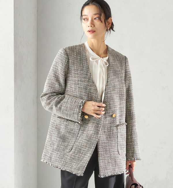 SHIPS for women「《一部追加予約》トライスピン 杢 ツイード カラーレス ジャケット（セレモニー対応可）」|ノーカラージャケット|