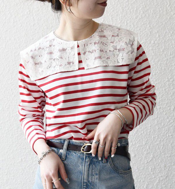 SHIPS any「《予約》SHIPS any:〈洗濯機可能〉マリンボーダー レース 襟 プルオーバー」|Tシャツ・カットソー|