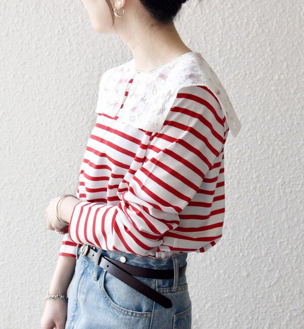 SHIPS any「《予約》SHIPS any:〈洗濯機可能〉マリンボーダー レース 襟 プルオーバー」|Tシャツ・カットソー|