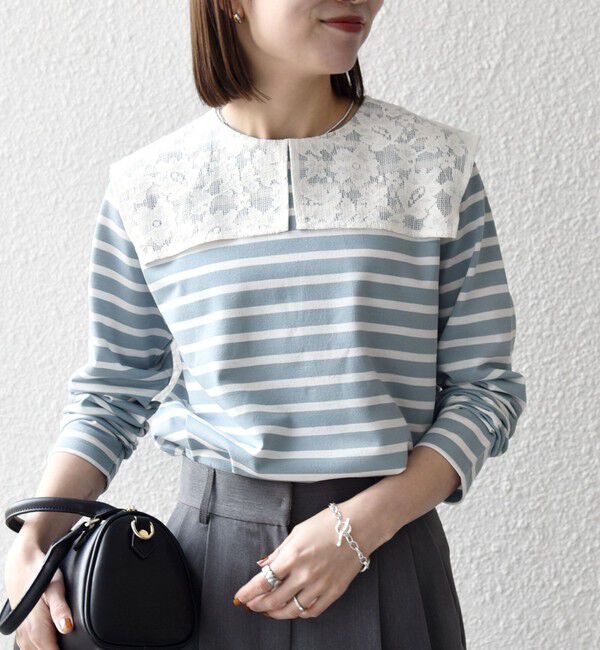 SHIPS any「《予約》SHIPS any:〈洗濯機可能〉マリンボーダー レース 襟 プルオーバー」|Tシャツ・カットソー|