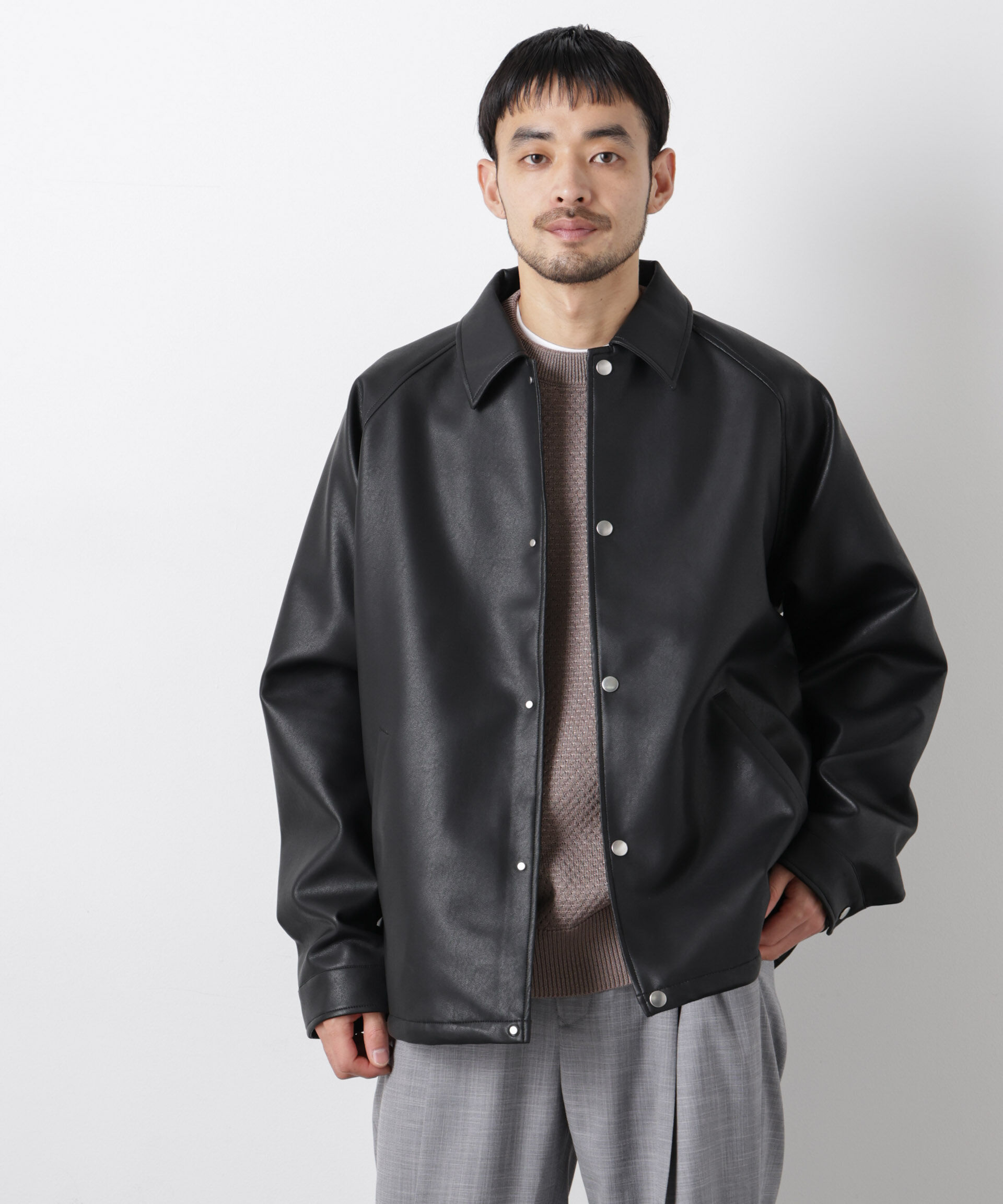 nano･universe「フェイクレザーリラックスコーチジャケット」|ブルゾン・スタジャン|