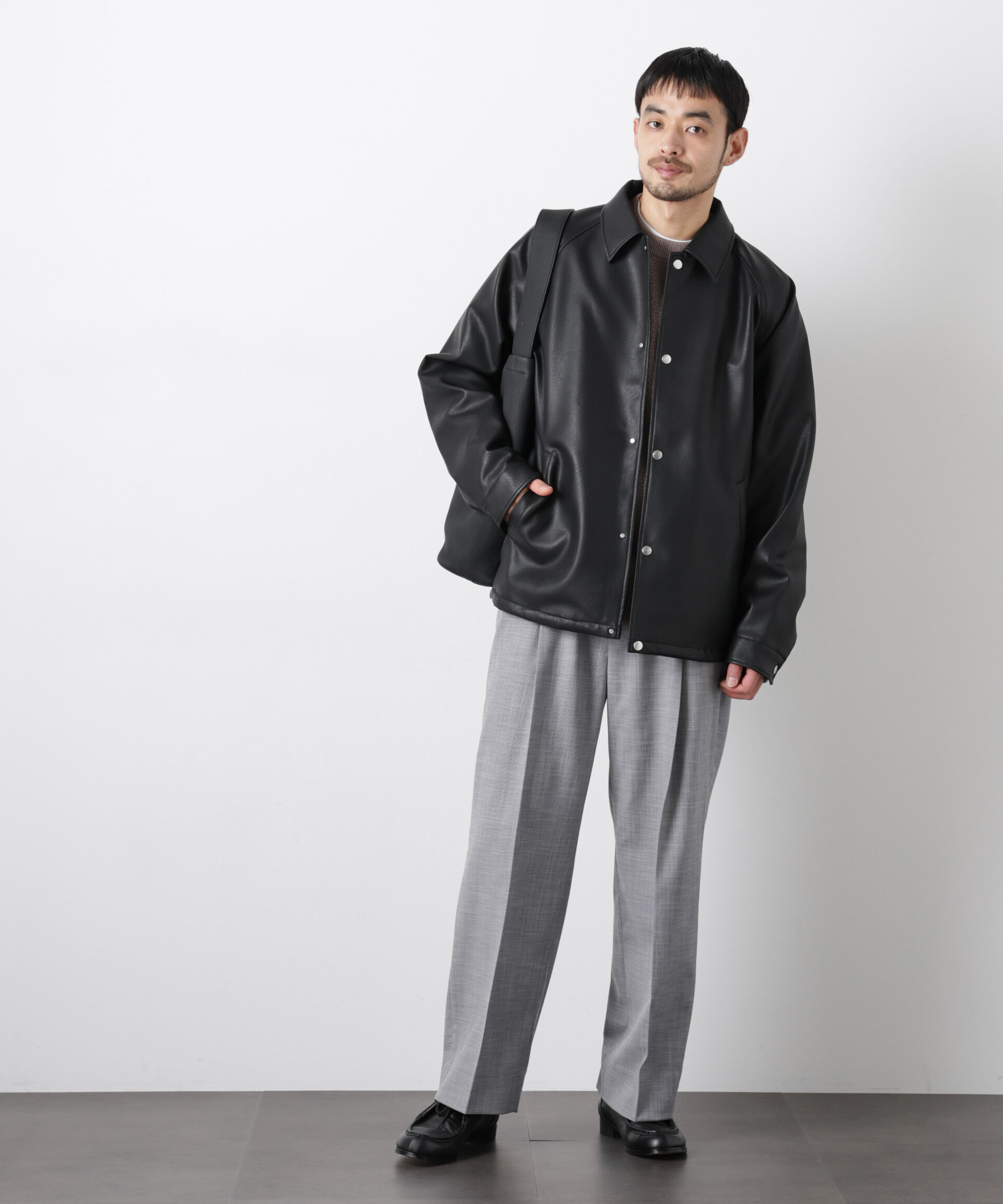 nano･universe「フェイクレザーリラックスコーチジャケット」|ブルゾン・スタジャン|