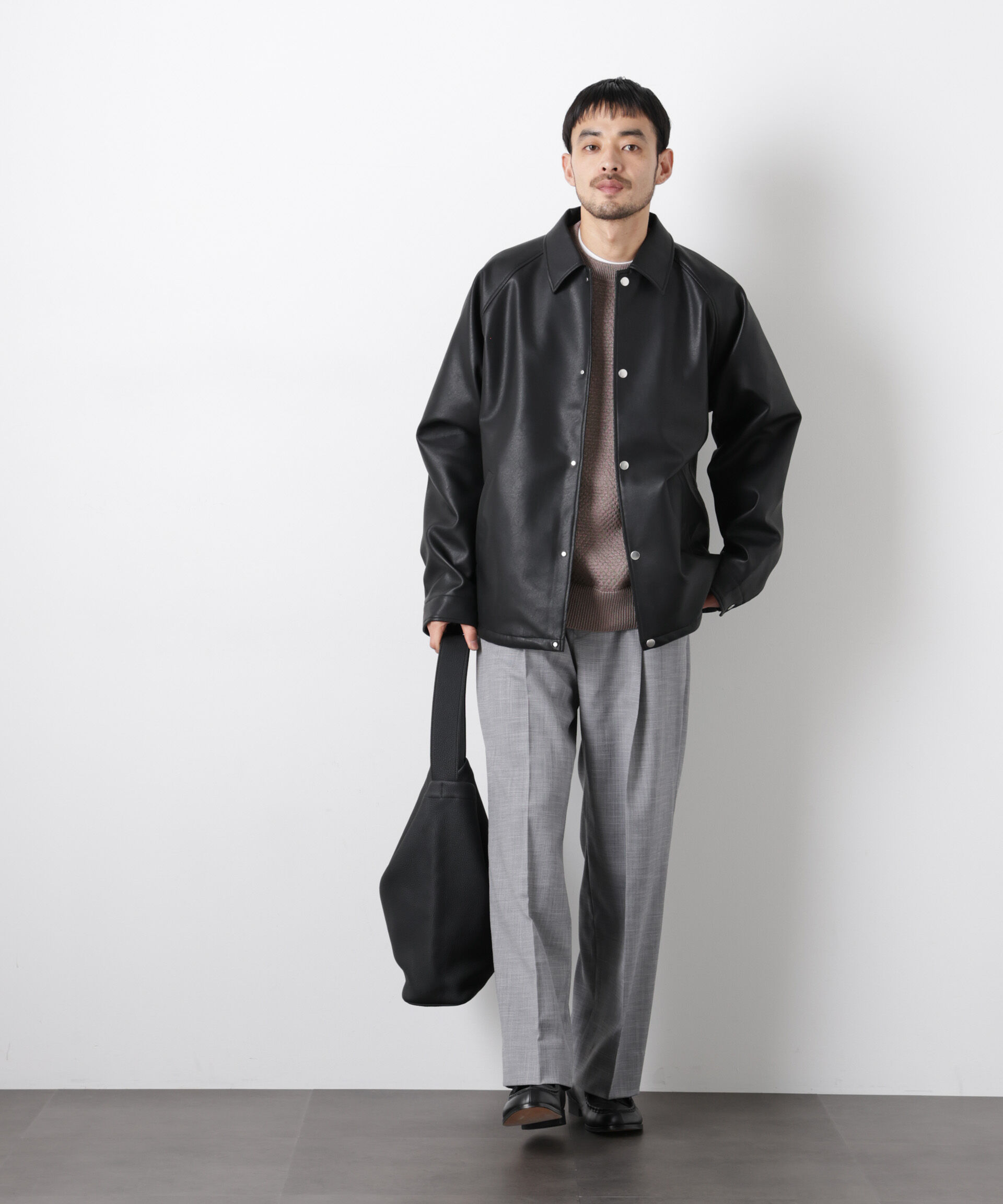 nano･universe「フェイクレザーリラックスコーチジャケット」|ブルゾン・スタジャン|