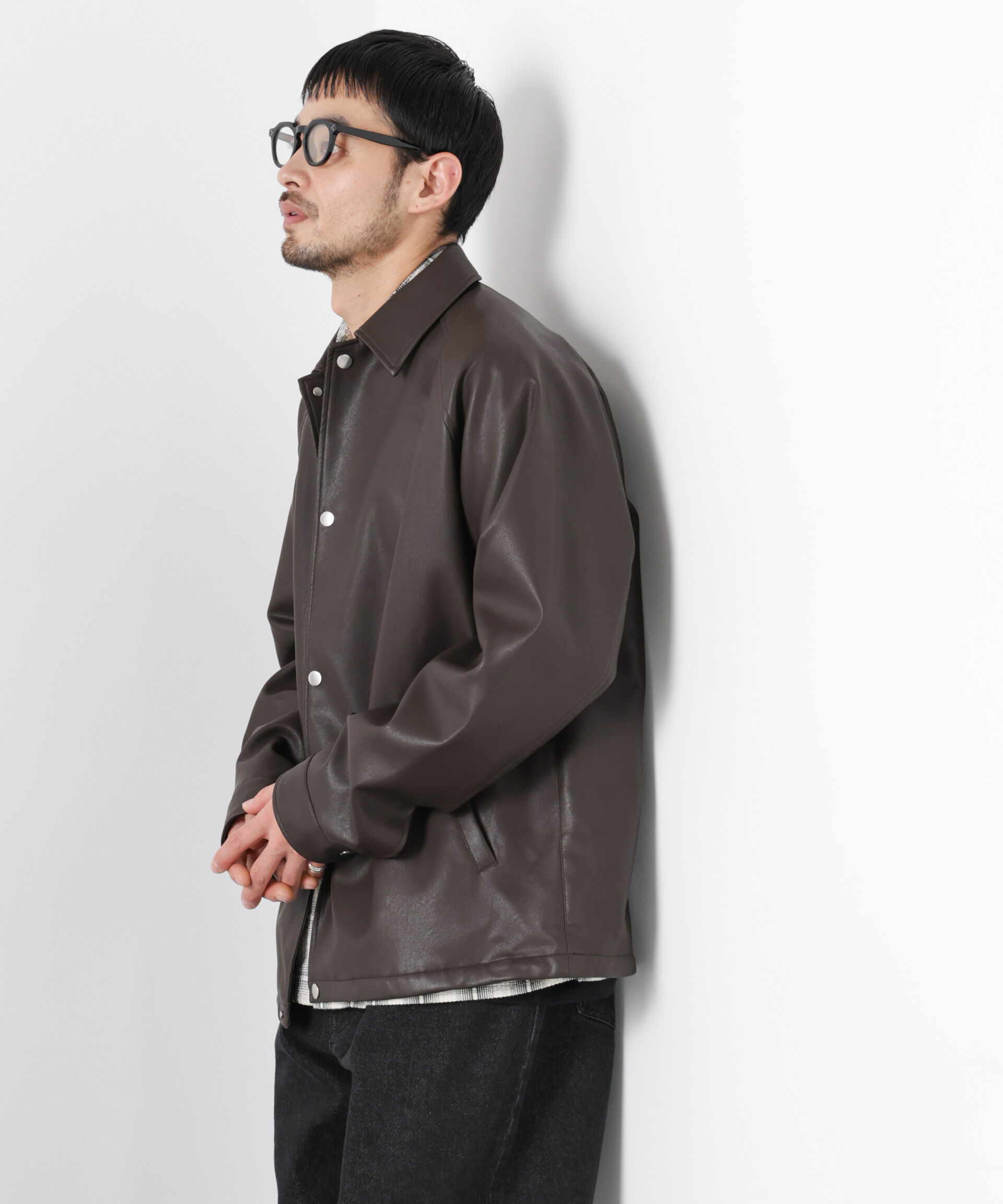 nano･universe「フェイクレザーリラックスコーチジャケット」|ブルゾン・スタジャン|ブラウン