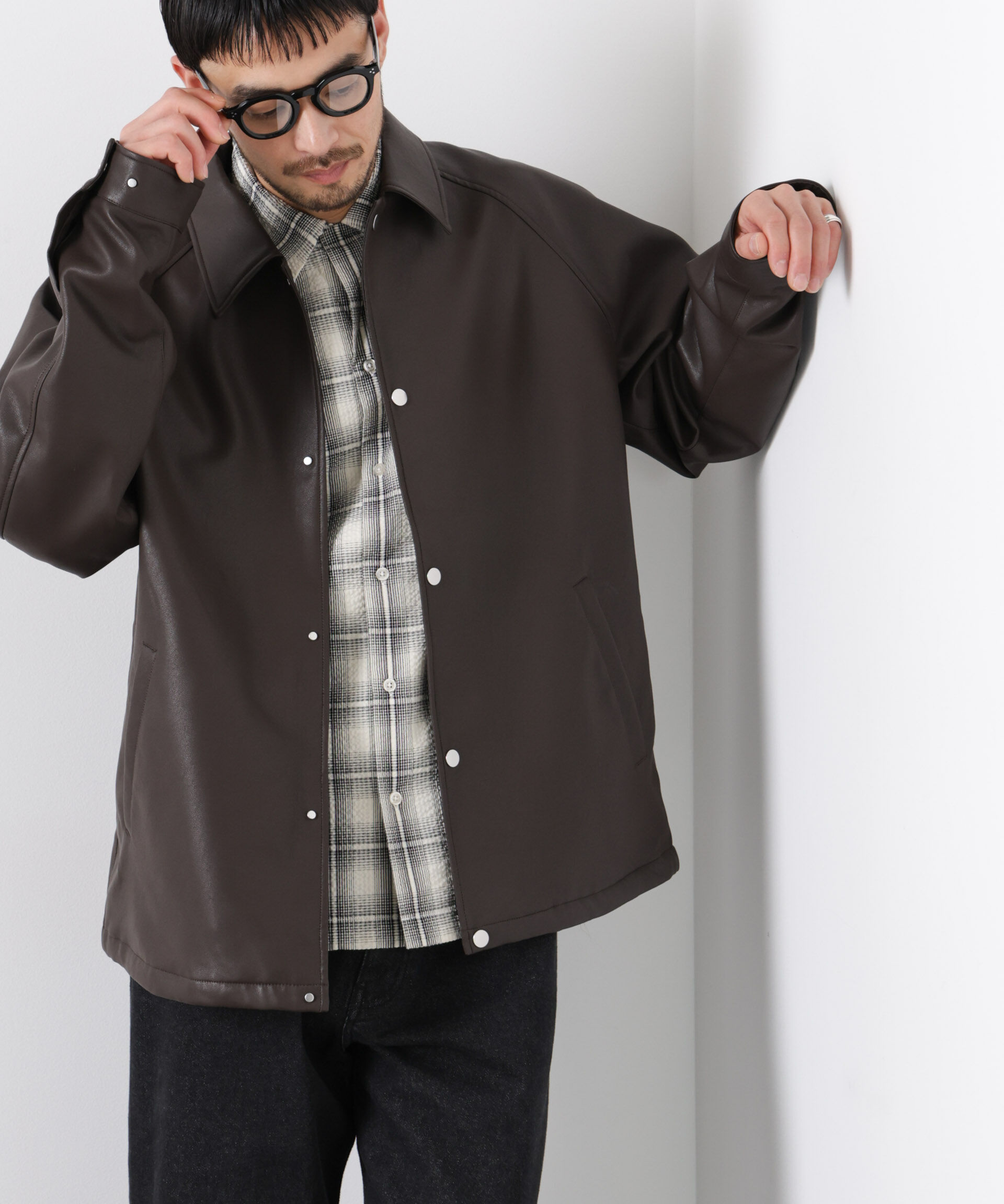 nano･universe「フェイクレザーリラックスコーチジャケット」|ブルゾン・スタジャン|