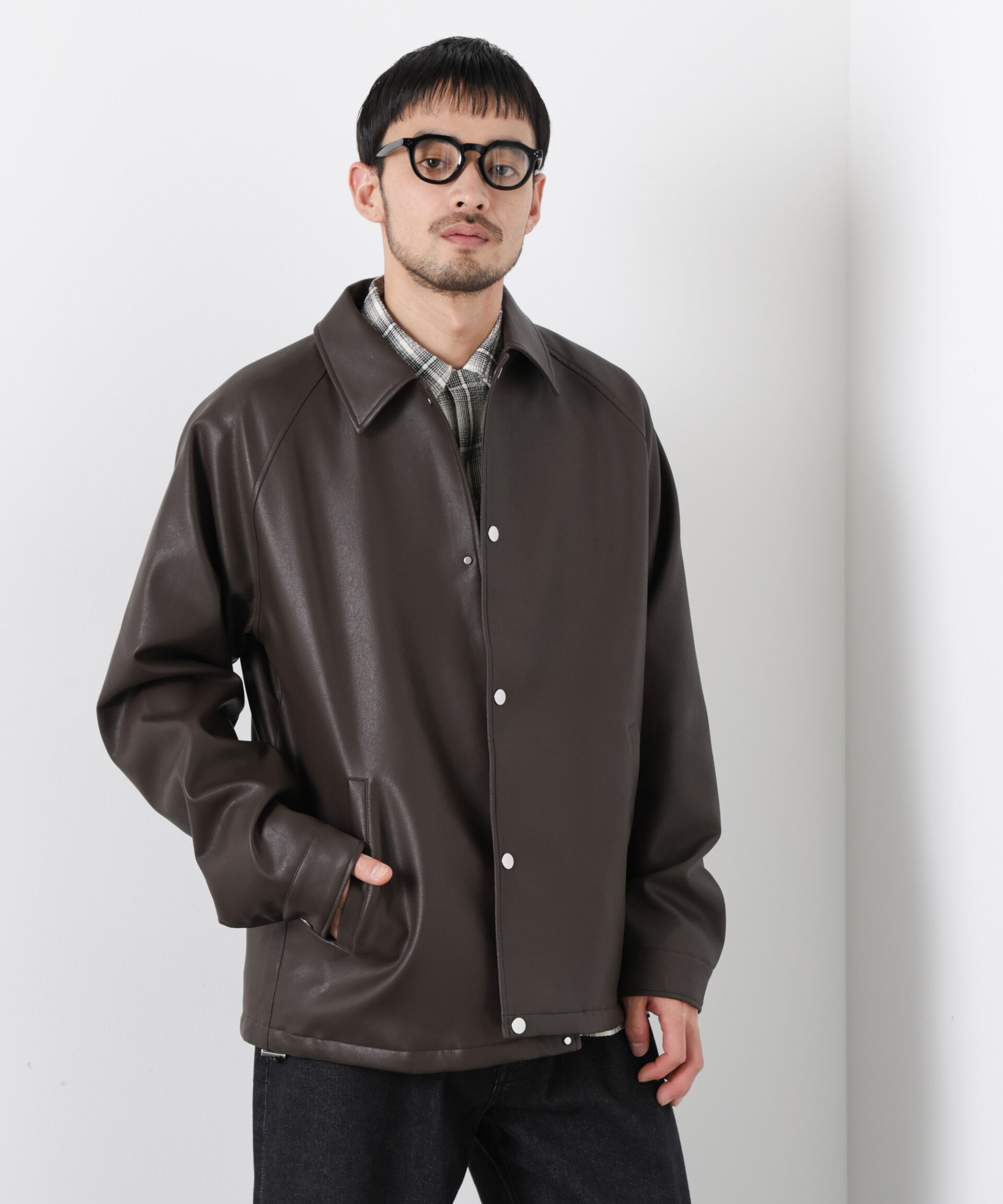 nano･universe「フェイクレザーリラックスコーチジャケット」|ブルゾン・スタジャン|