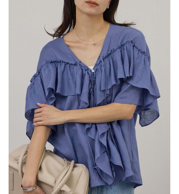 SALON adam et rope'「【WEB限定】ヨーロピアンリネンルジェフリルブラウス」|シャツ・ブラウス|ブルー系(45)