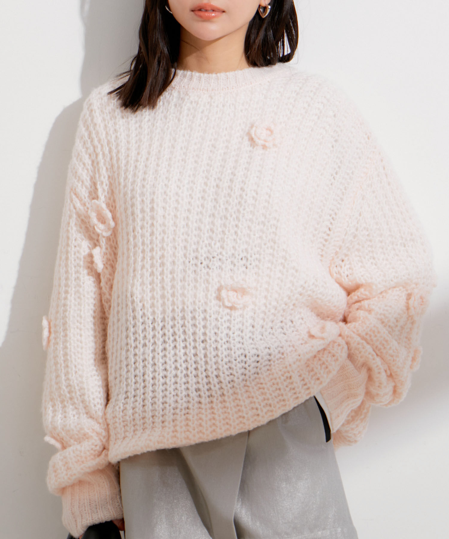 VIS「お花ぽんぽんシアーニット」|ニット・セーター|ピンク系(65)