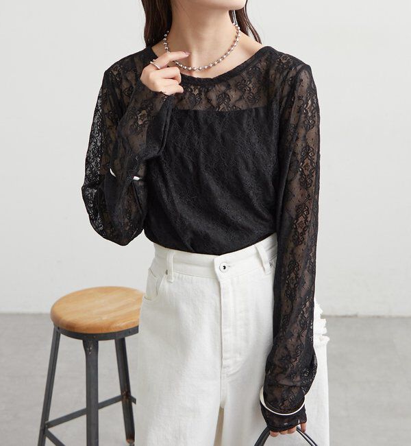 「裾ギャザーレースロングTシャツ」|Tシャツ・カットソー|