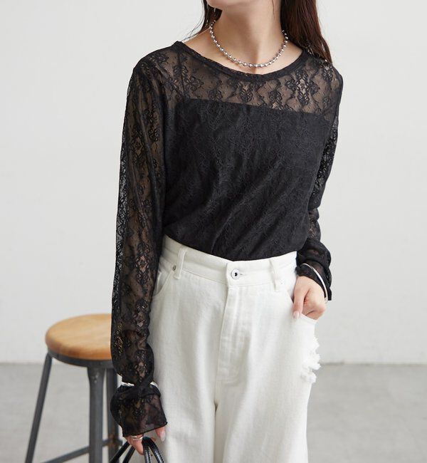  「裾ギャザーレースロングTシャツ」|Tシャツ・カットソー|