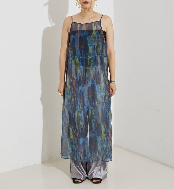 NOMINE「【前後着用可】水彩アート ニュアンス柄 2WAY シアー キャミワンピース ロン」|ワンピース|