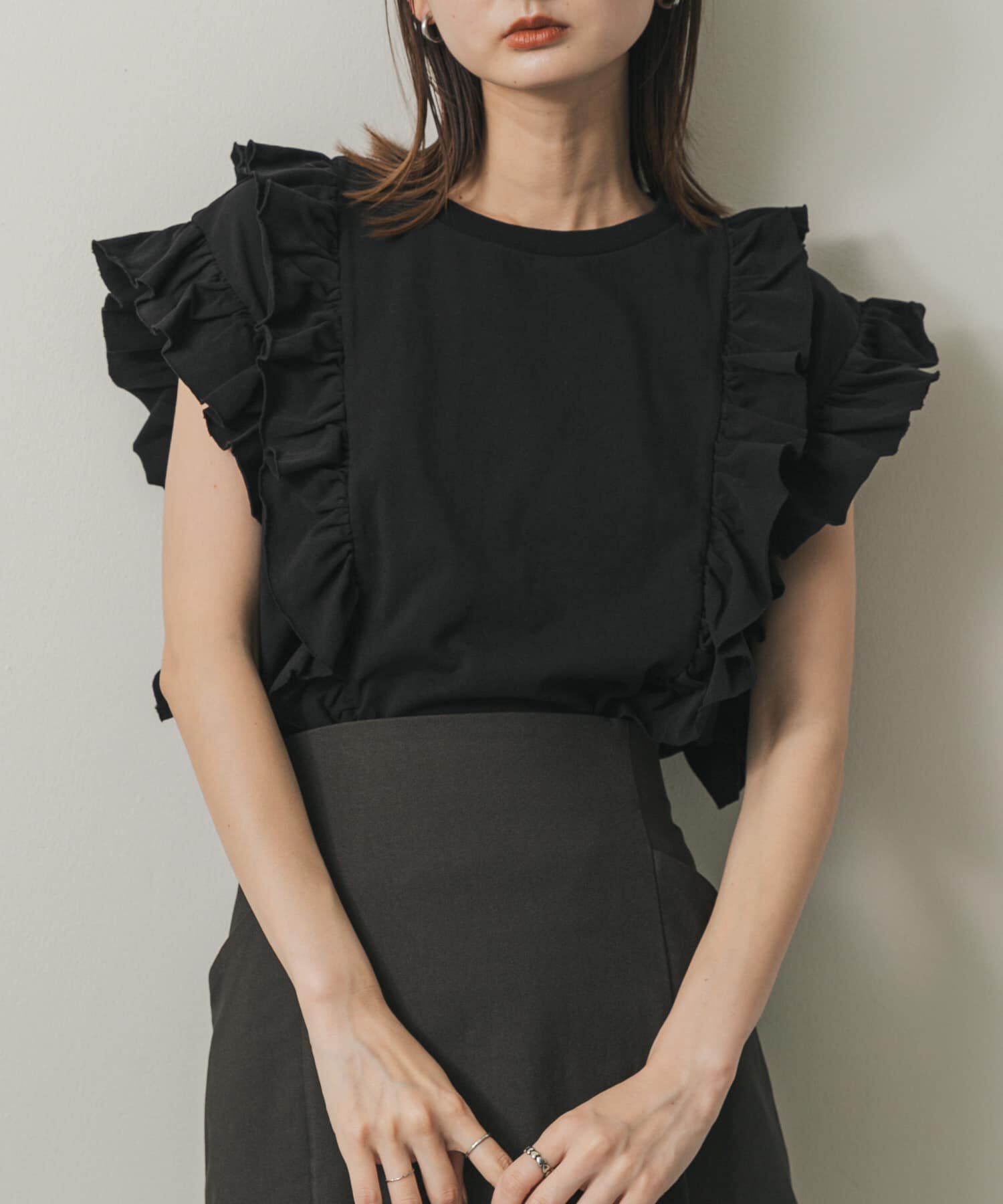 SENSE OF PLACE by URBAN RESEARCH「ギャザーフリルトップ」|Tシャツ・カットソー|ブラック