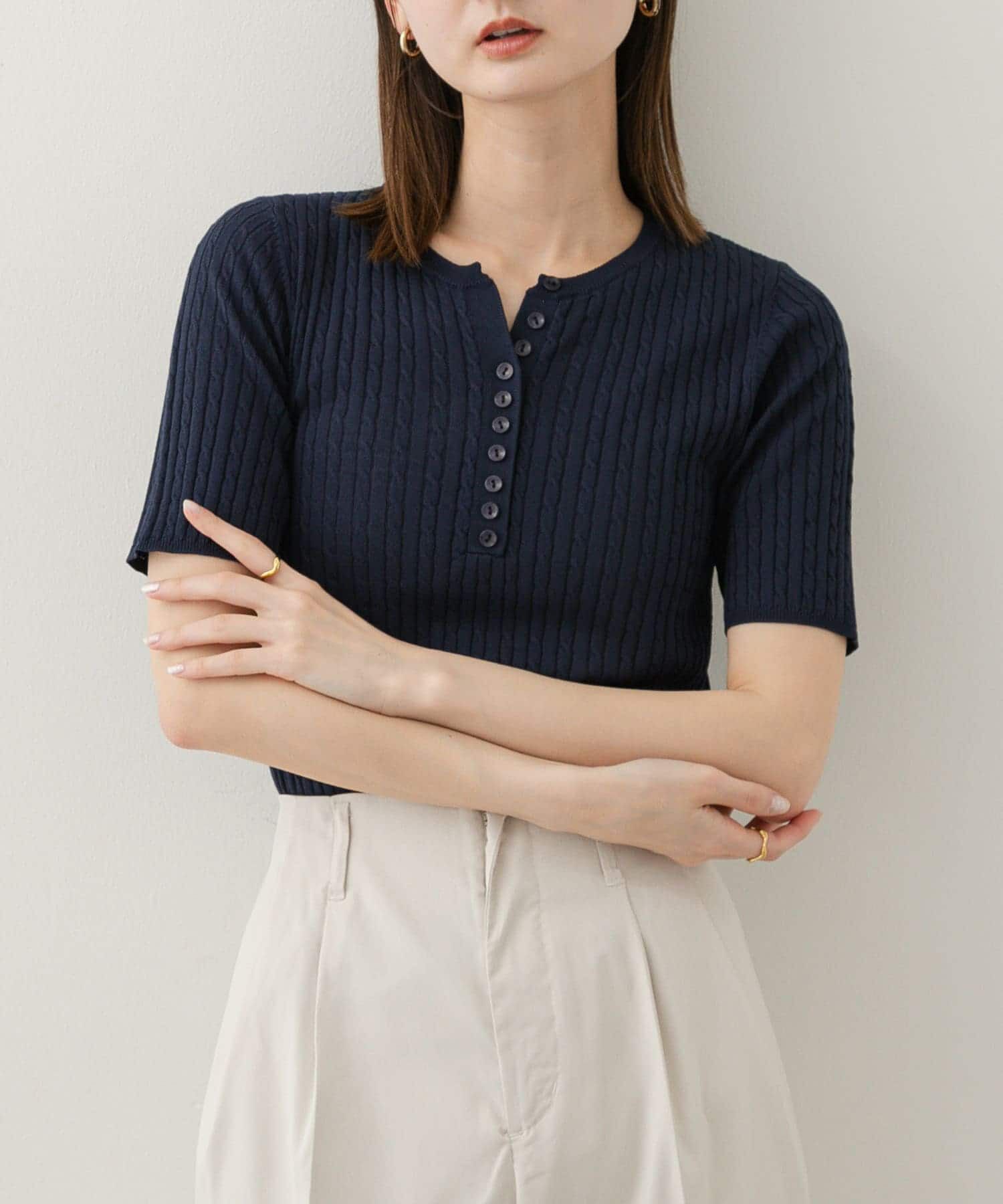 SENSE OF PLACE by URBAN RESEARCH「ヘンリーネックミニケーブルセーター(半袖)」|ニット・セーター|