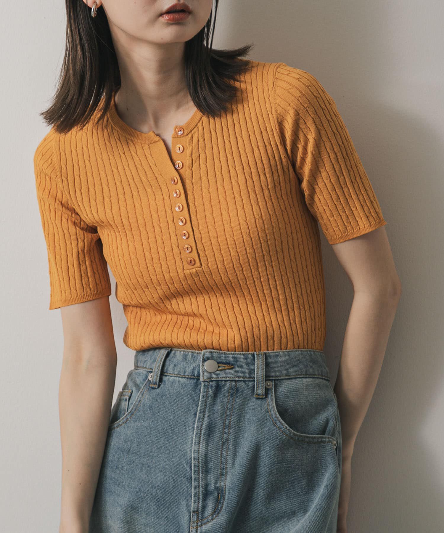 SENSE OF PLACE by URBAN RESEARCH「ヘンリーネックミニケーブルセーター(半袖)」|ニット・セーター|オレンジ