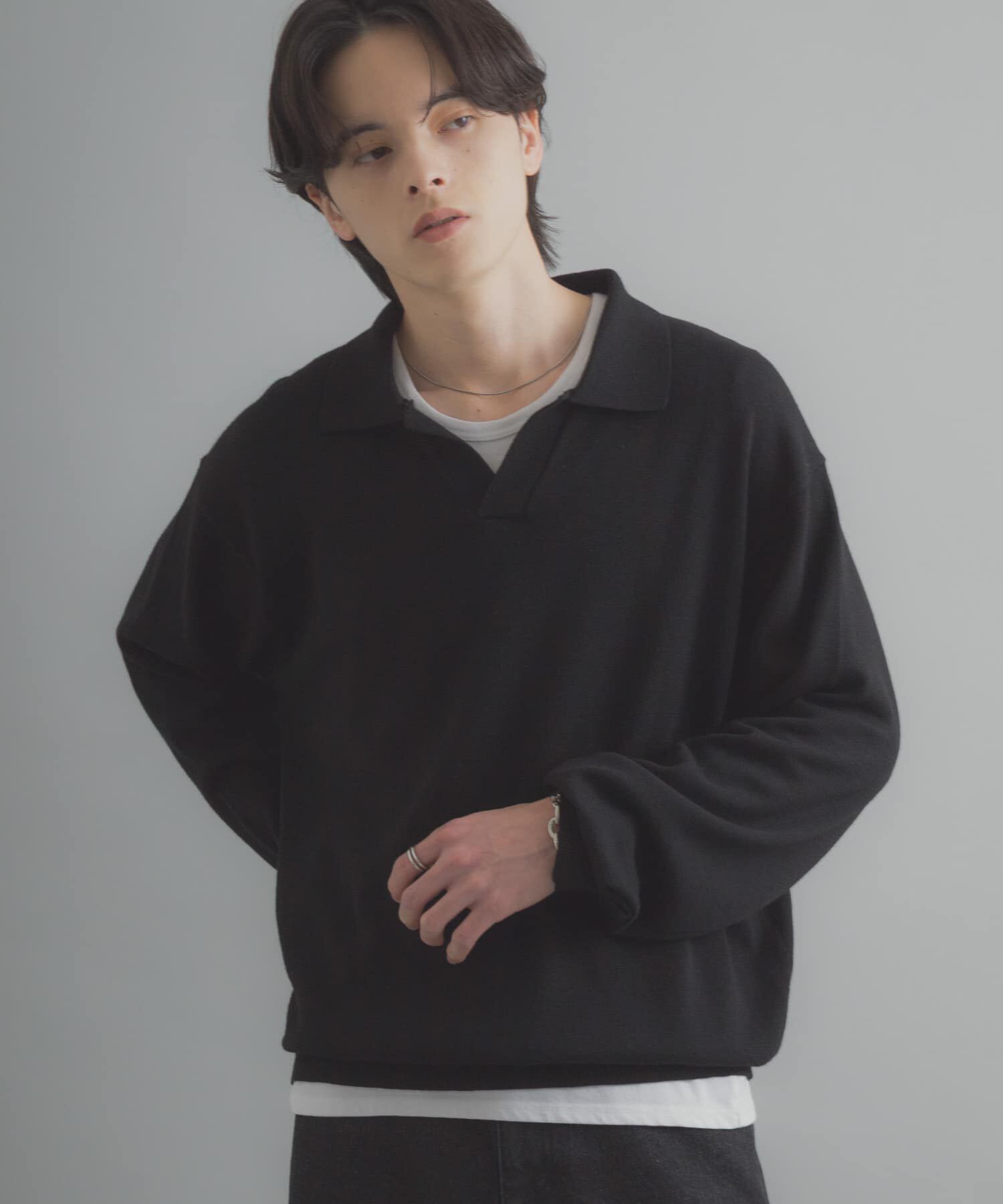 SENSE OF PLACE by URBAN RESEARCH「『洗濯可』スキッパーロングスリーブニット」|ニット・セーター|ブラック