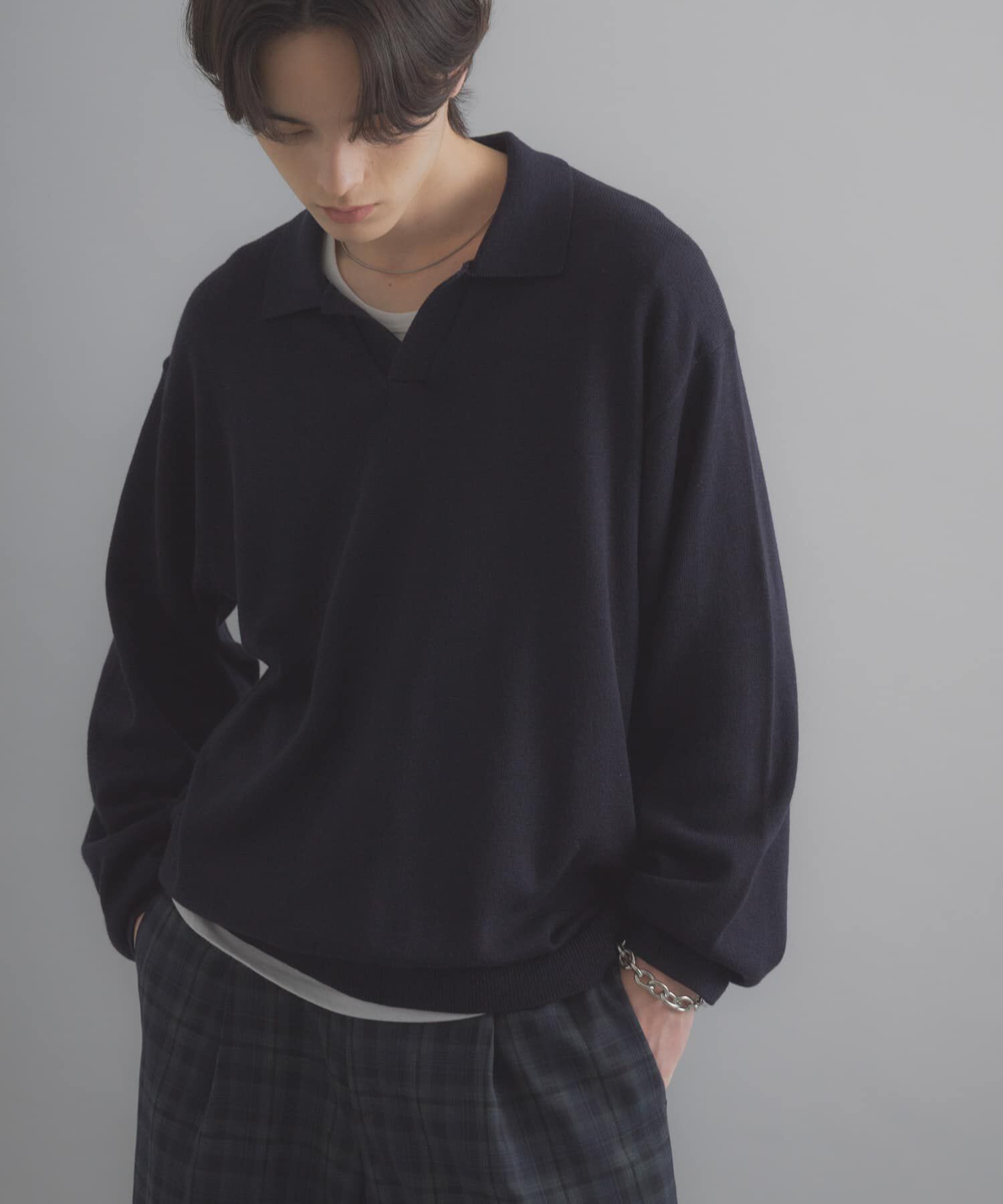 SENSE OF PLACE by URBAN RESEARCH「『洗濯可』スキッパーロングスリーブニット」|ニット・セーター|ネイビー