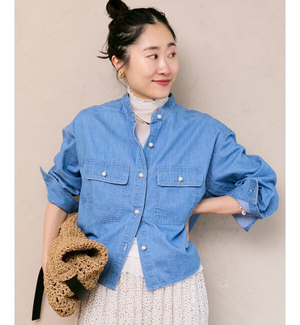  「スタンドネックパールボタンシャツ」|シャツ・ブラウス|サックス