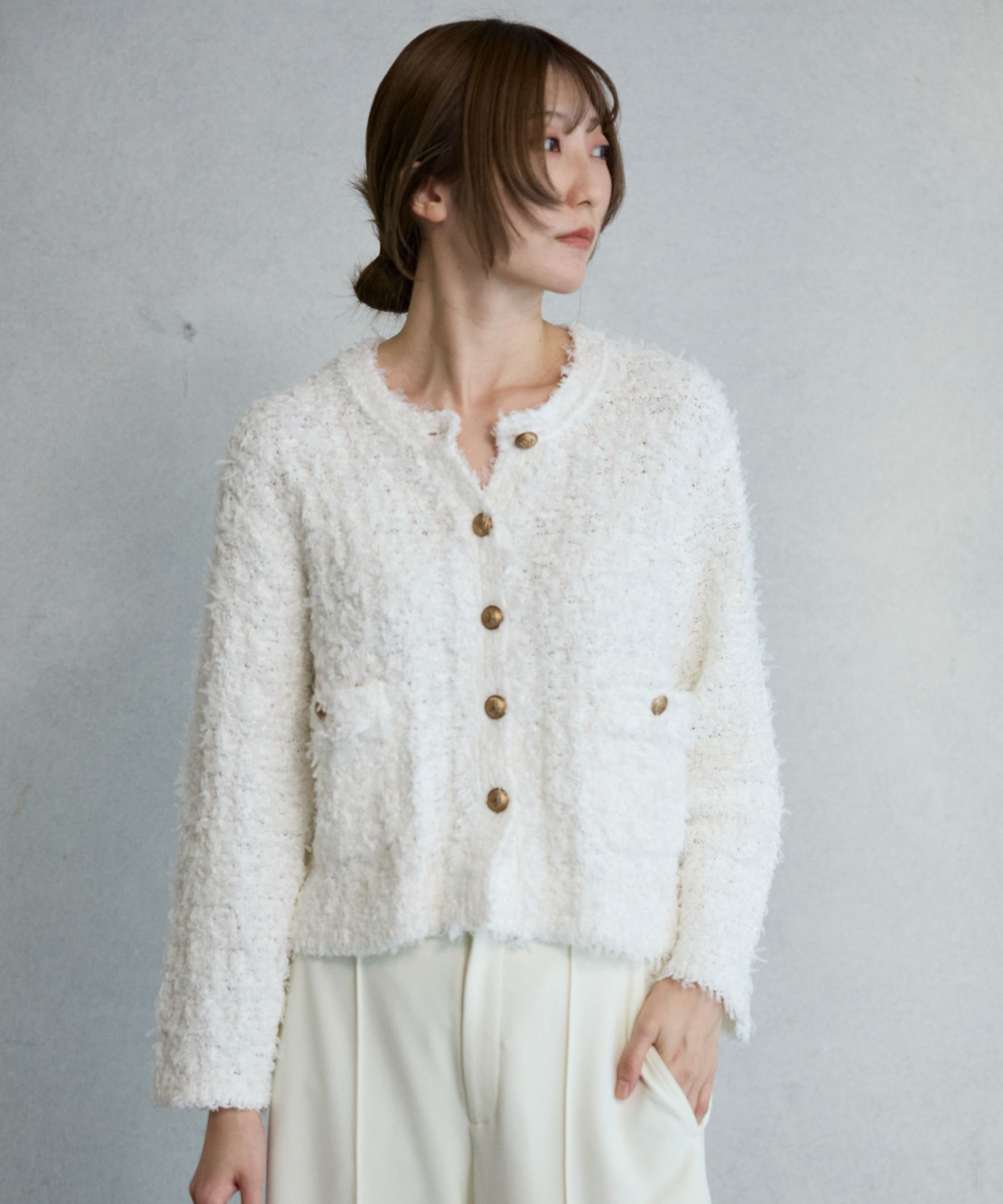 BABYLONE「ツイードニットジャケット」|ノーカラージャケット|ﾎﾜｲﾄ