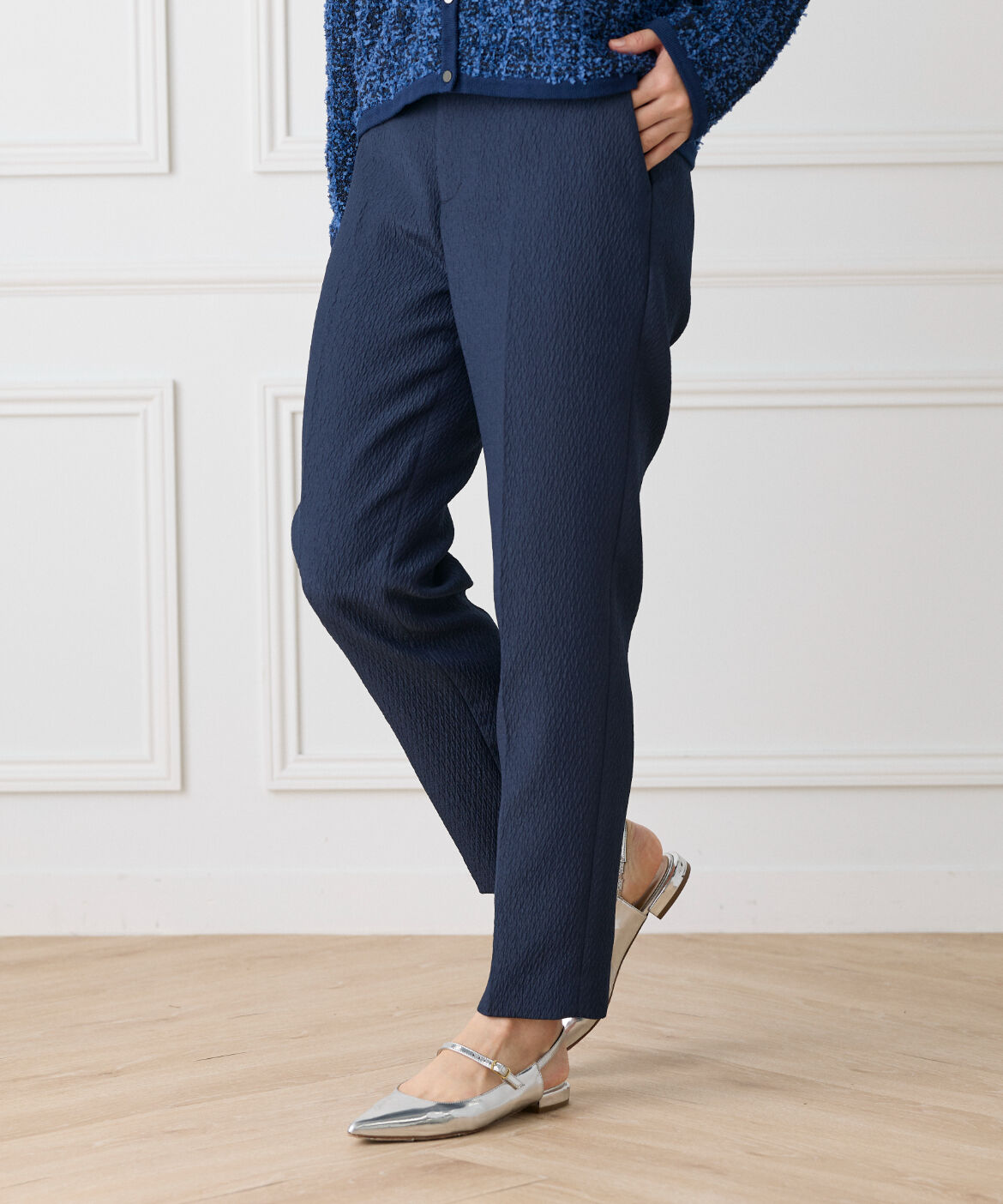 7-IDconcept.「《大きいサイズ》フクレジャカード センタープレスパンツ」|スラックス|ネイビー