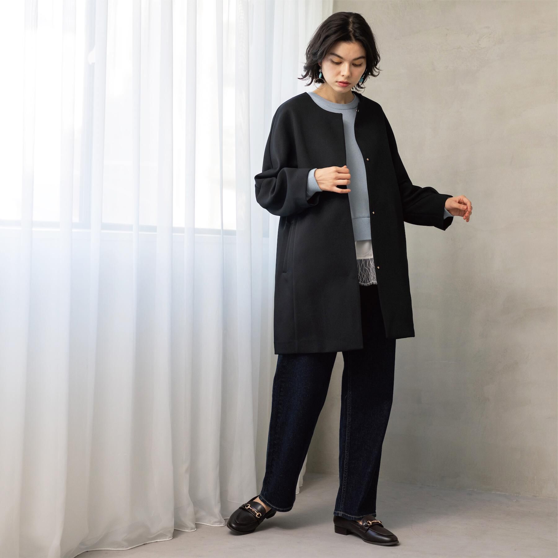 OPAQUE.CLIP「フォルムスリーブミドルコート【洗濯機OK】」|ノーカラーコート|