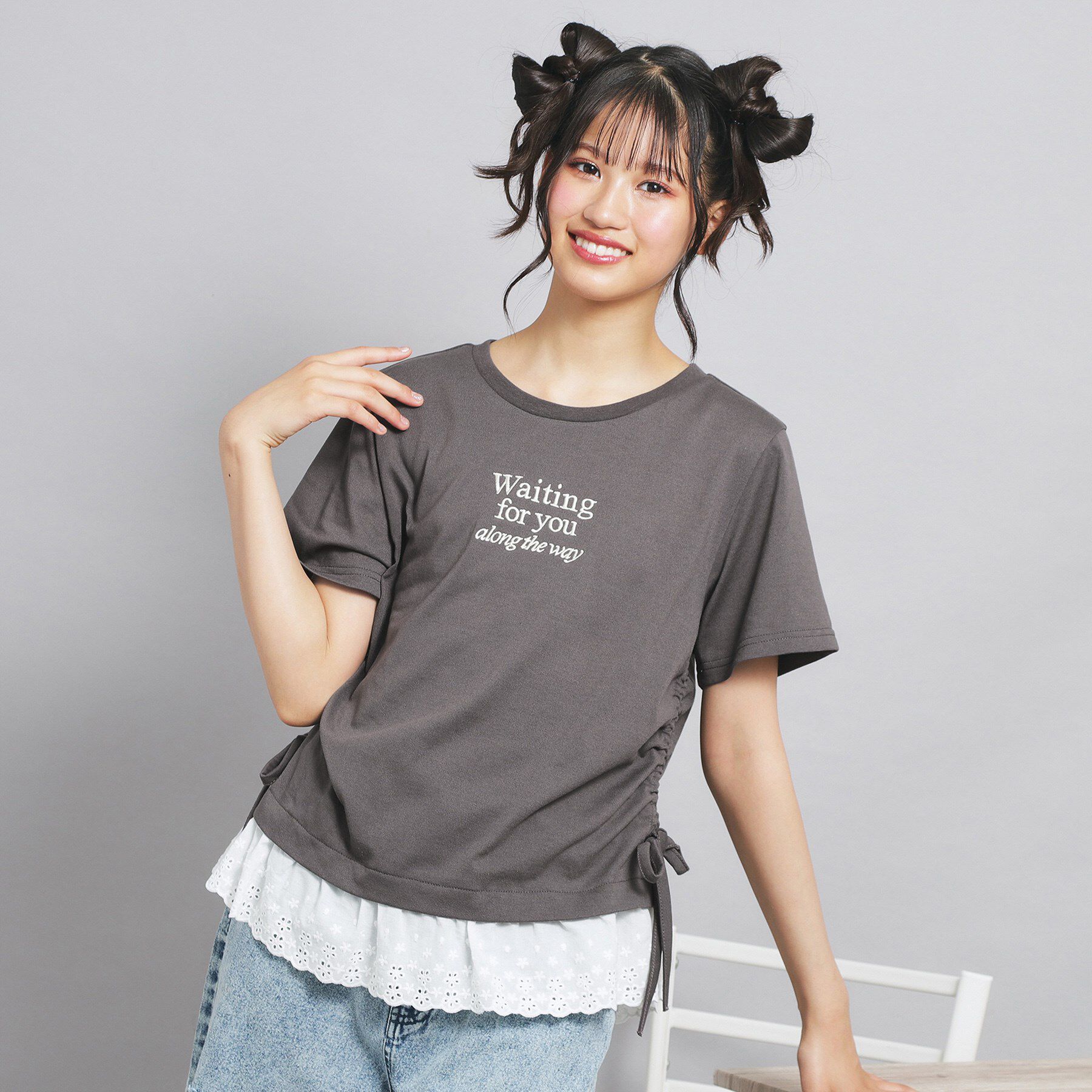 PINK-latte「裾レースドロストトップス」|Tシャツ・カットソー|チャコールグレー(0