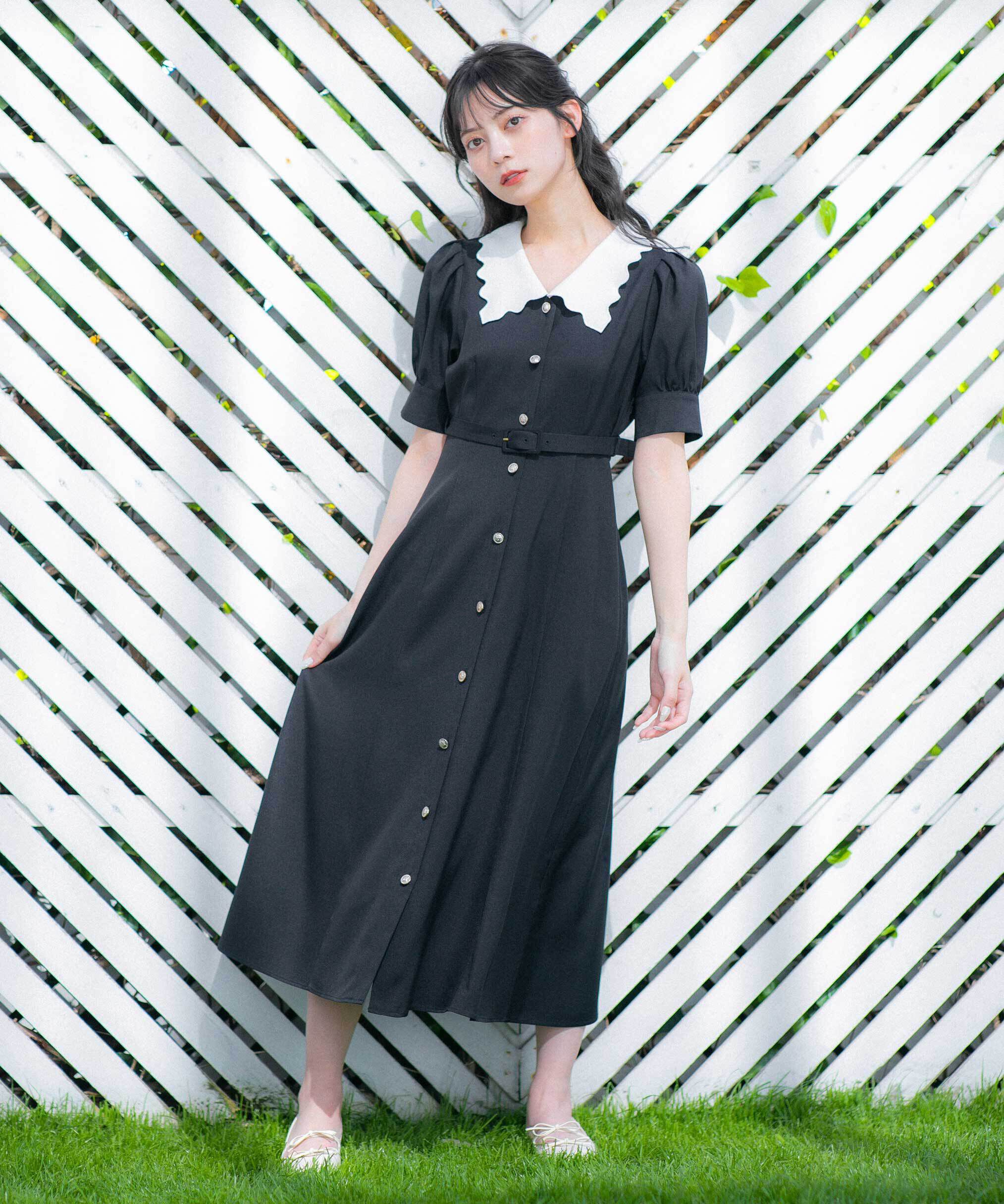  「スカラップカラーワンピース」|ワンピース|ブラック