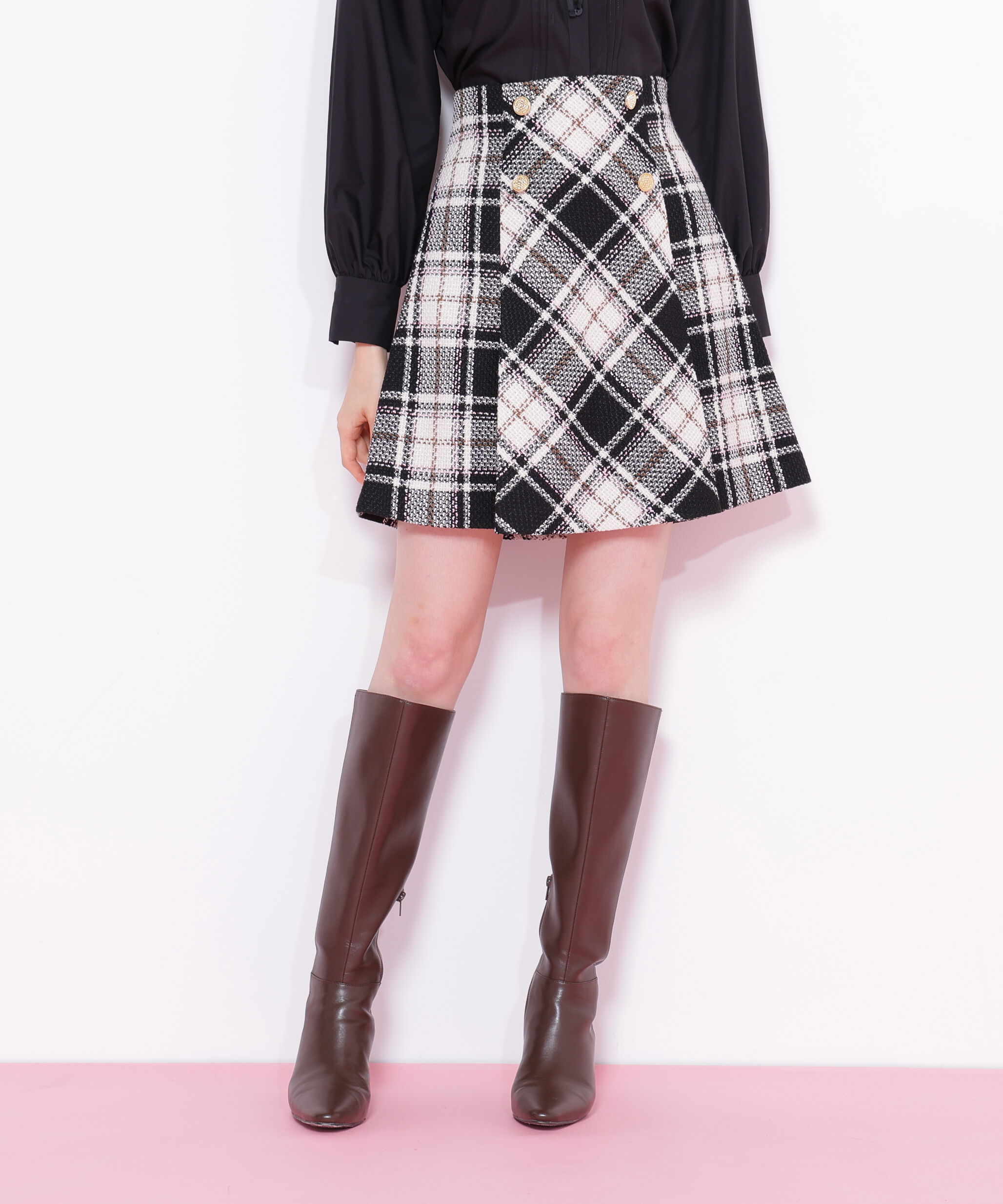  「ループヤーンチェックミニスカート」|スカート|ブラック1
