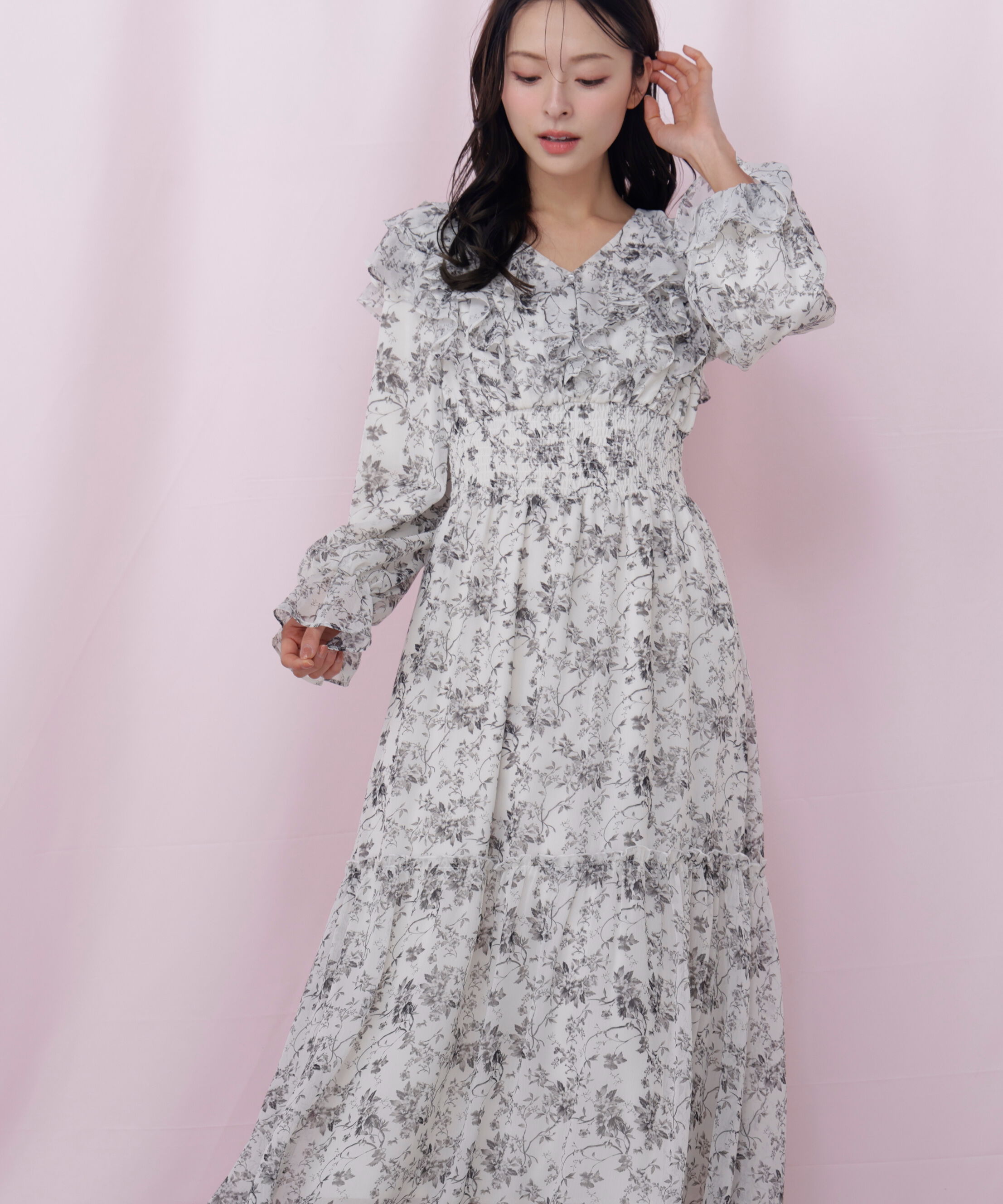  「花柄ボリュームフリルワンピース」|ワンピース|