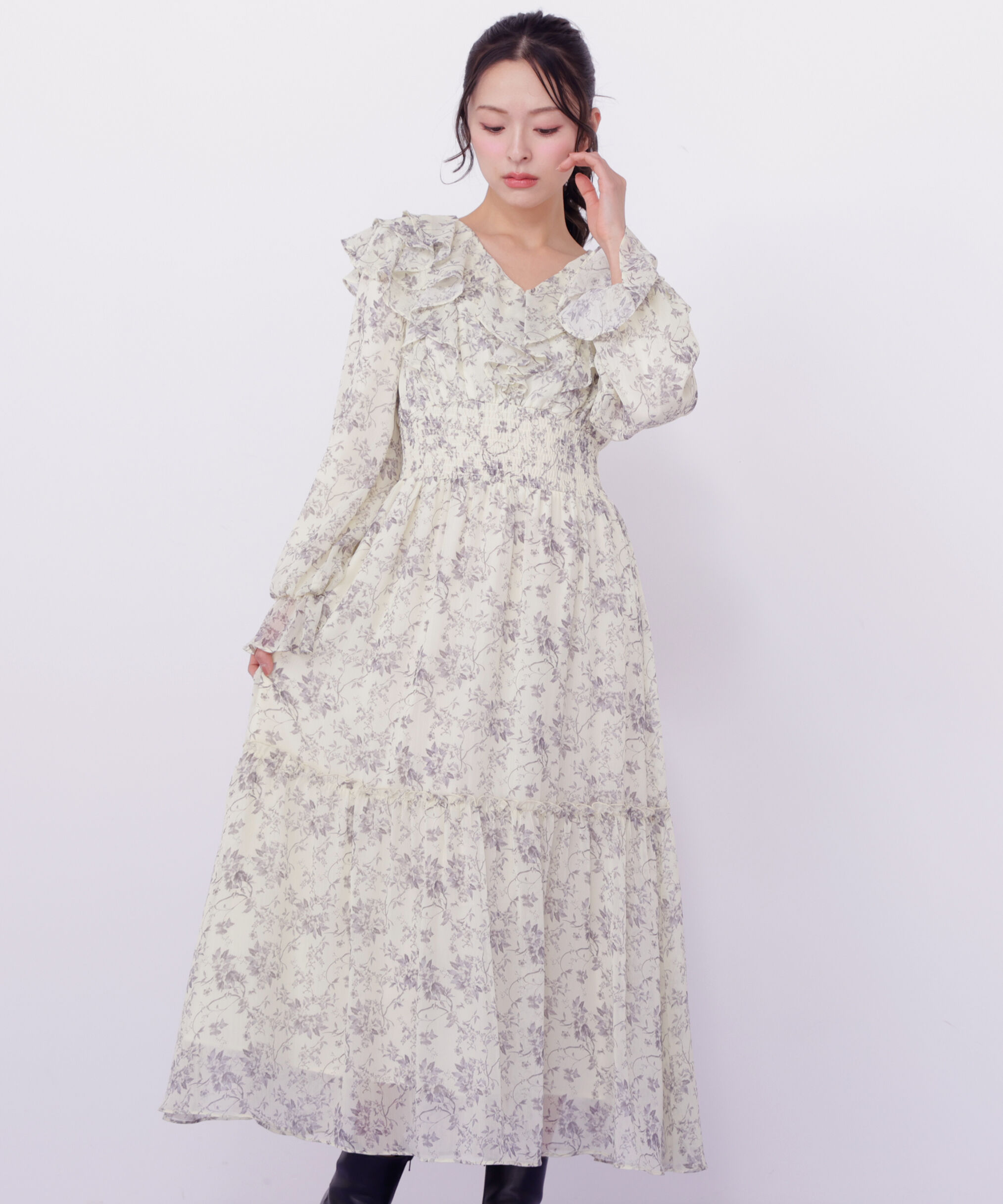  「花柄ボリュームフリルワンピース」|ワンピース|イエロー1