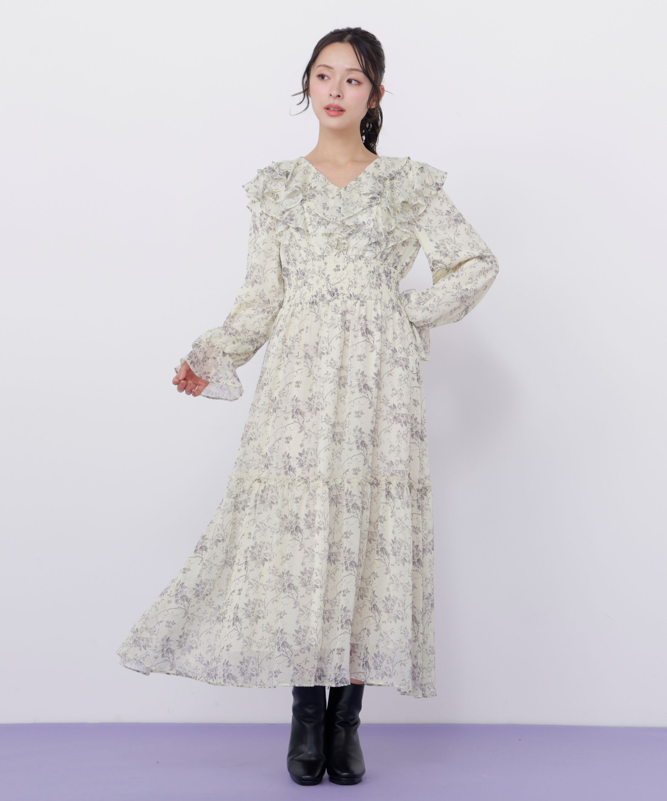  「花柄ボリュームフリルワンピース」|ワンピース|