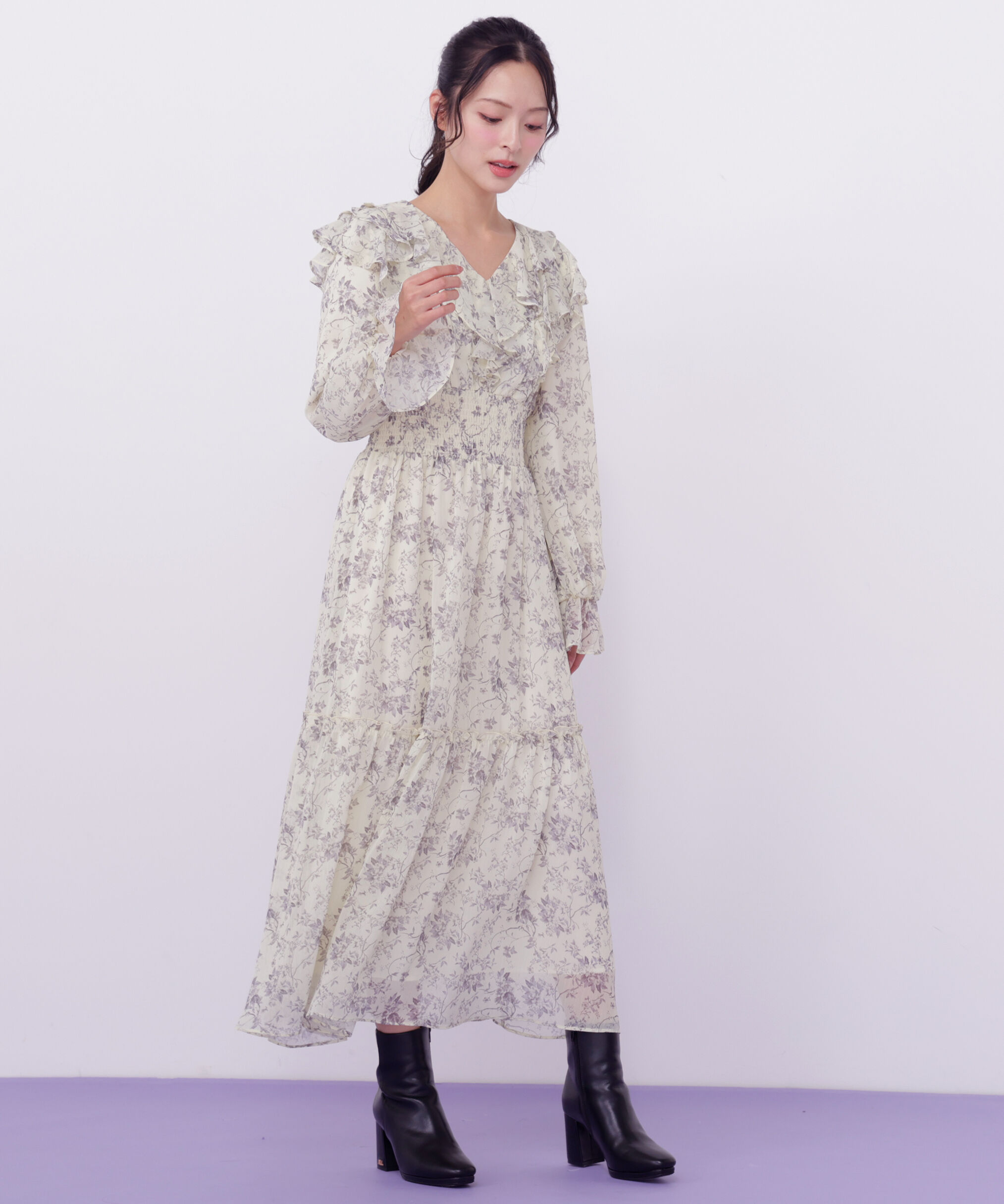  「花柄ボリュームフリルワンピース」|ワンピース|