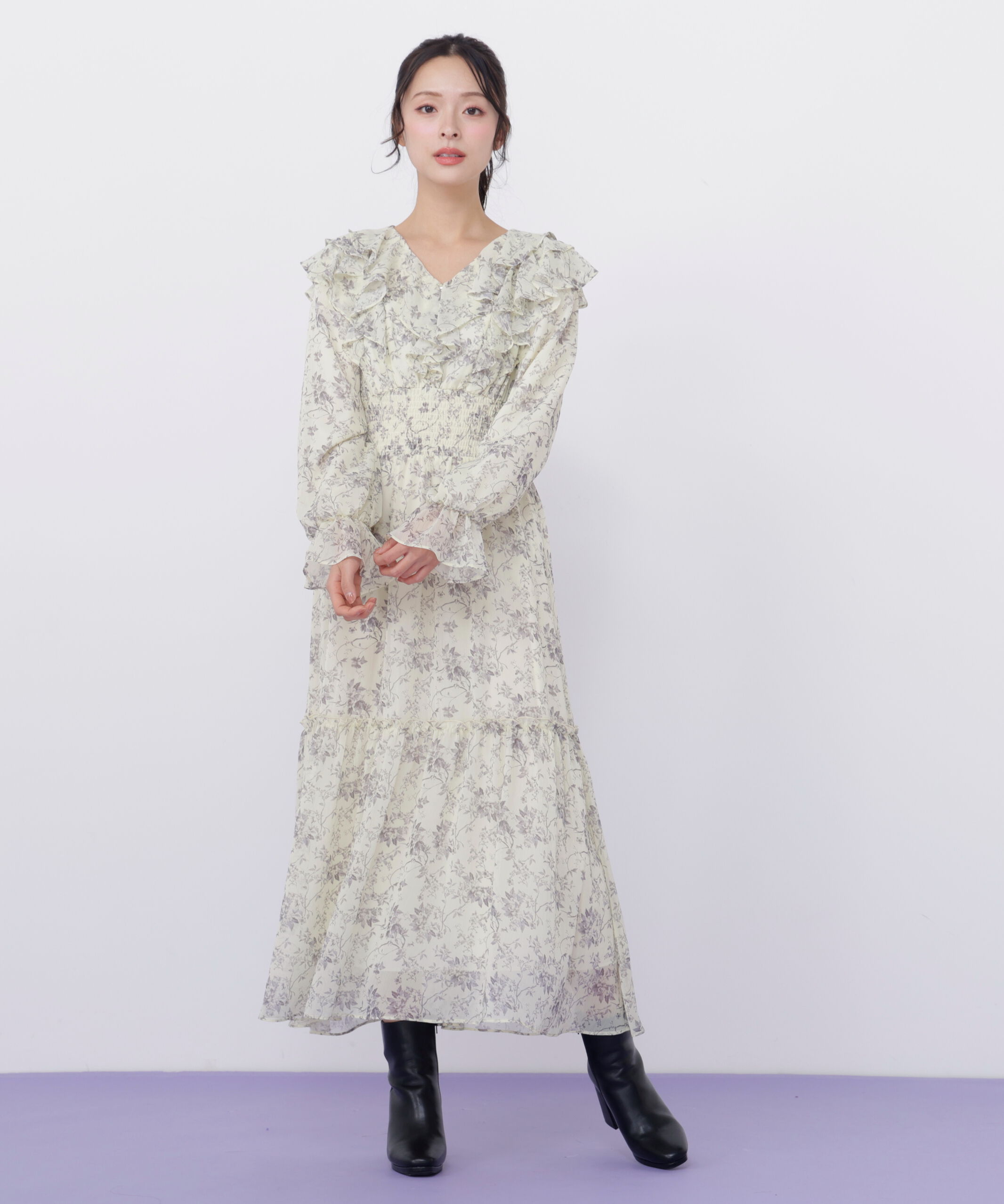  「花柄ボリュームフリルワンピース」|ワンピース|