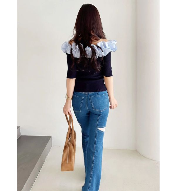 MERCURYDUO「レーストリミングカットアウトデニムパンツ」|デニム|