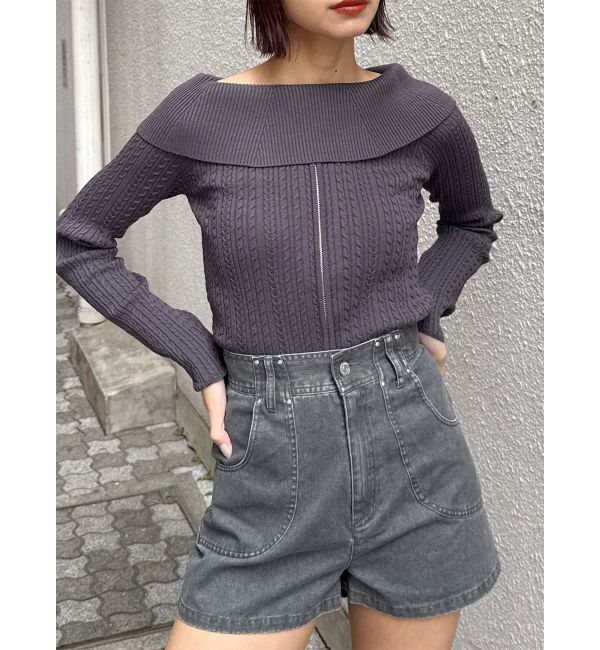 MURUA「オフショルダーケーブルニット」|ニット・セーター|グレー