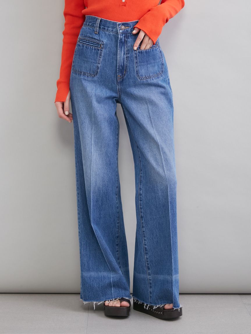 Mila Owen「玉縁ポケットセミフレアデニムパンツ」|デニム|