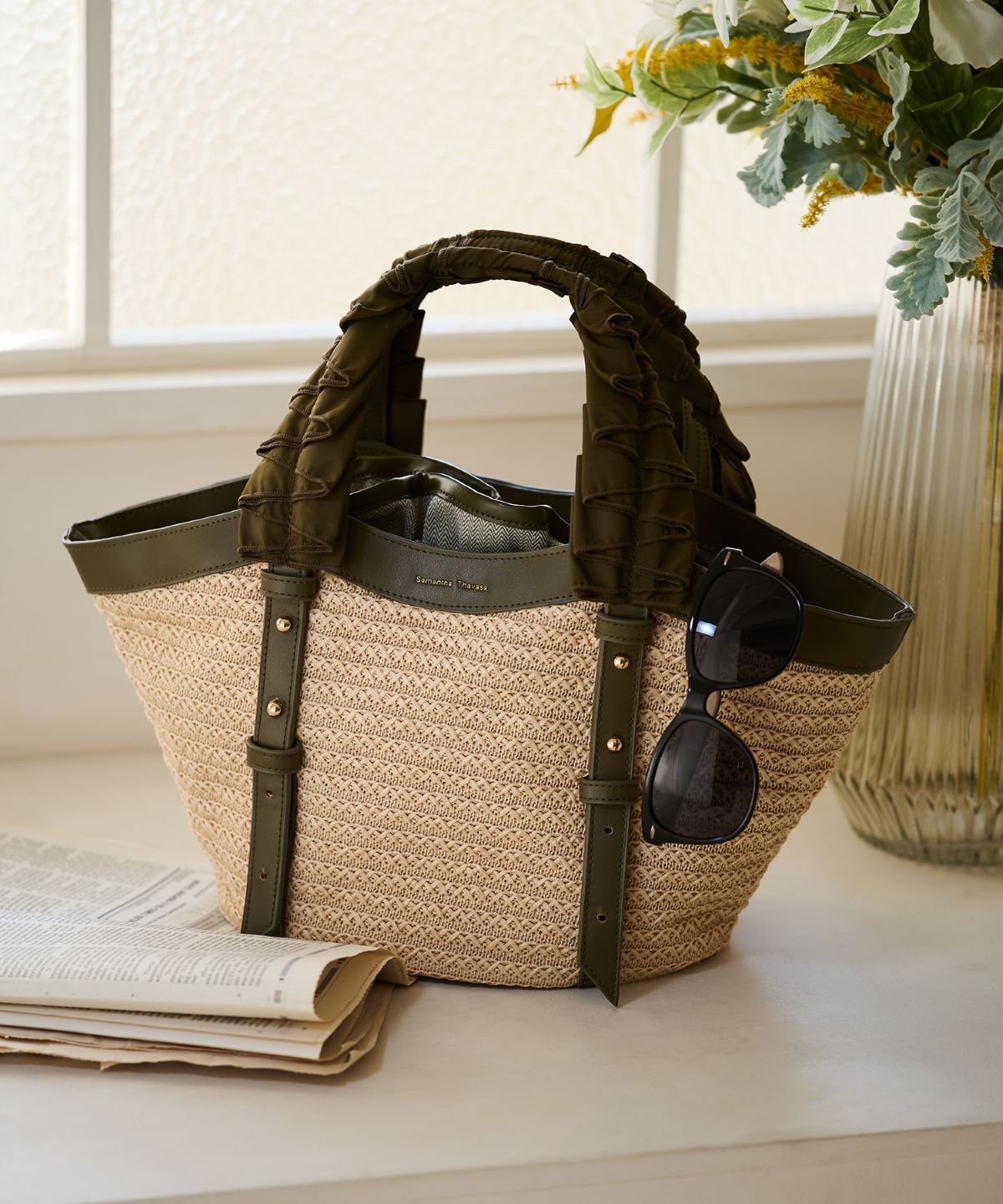 Samantha Thavasa「巾着付きフリルハンドルカゴバッグ」|ハンドバッグ|カーキ