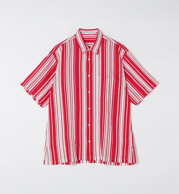 SHIPS「BATEAUX DE SHIPS: リネン ストライプ プリント レギュラーカラー 半袖シャツ」|シャツ・ブラウス|レッド