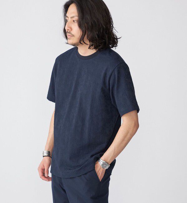 SHIPS「SHIPS: リンクス ジャカード リーフ柄 Tシャツ」|Tシャツ・カットソー|ネイビー