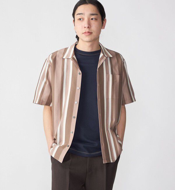 SHIPS「SHIPS:  ハニカム ストライプ オープンカラー シャツ」|シャツ・ブラウス|カーキ