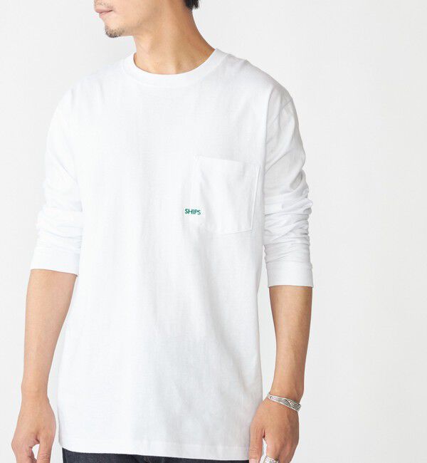 SHIPS「【WEB限定】SHIPS: マイクロ SHIPSロゴ ポケット ロングスリーブ Tシャツ (ロンT)」|Tシャツ・カットソー|ホワイト