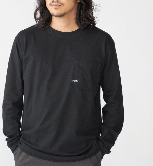SHIPS「【WEB限定】SHIPS: マイクロ SHIPSロゴ ポケット ロングスリーブ Tシャツ (ロンT)」|Tシャツ・カットソー|ブラック