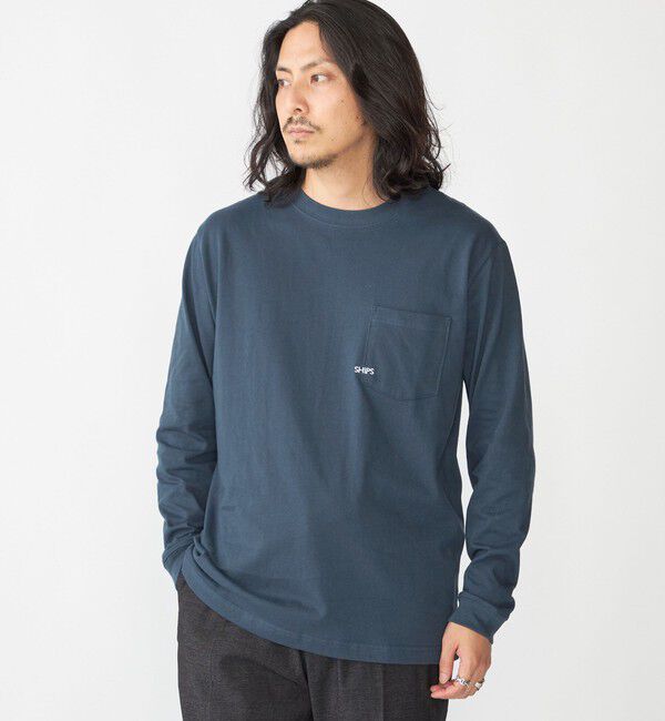 SHIPS「【WEB限定】SHIPS: マイクロ SHIPSロゴ ポケット ロングスリーブ Tシャツ (ロンT)」|Tシャツ・カットソー|コバルトブルー